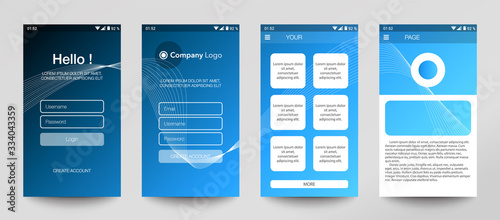Design of mobile app, UI, UX, GUI. Set of user registration screens with login and password input, account sign in, sign up, home page. Modern Style. Minimal Application. UI Design Template. Interface