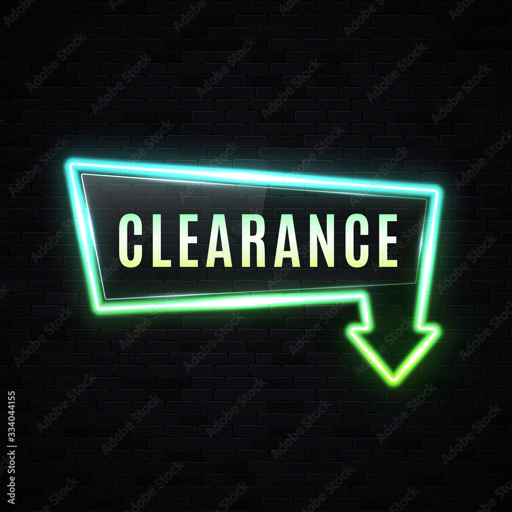 Neon Clearance sale sign. Discount banner on black brick background