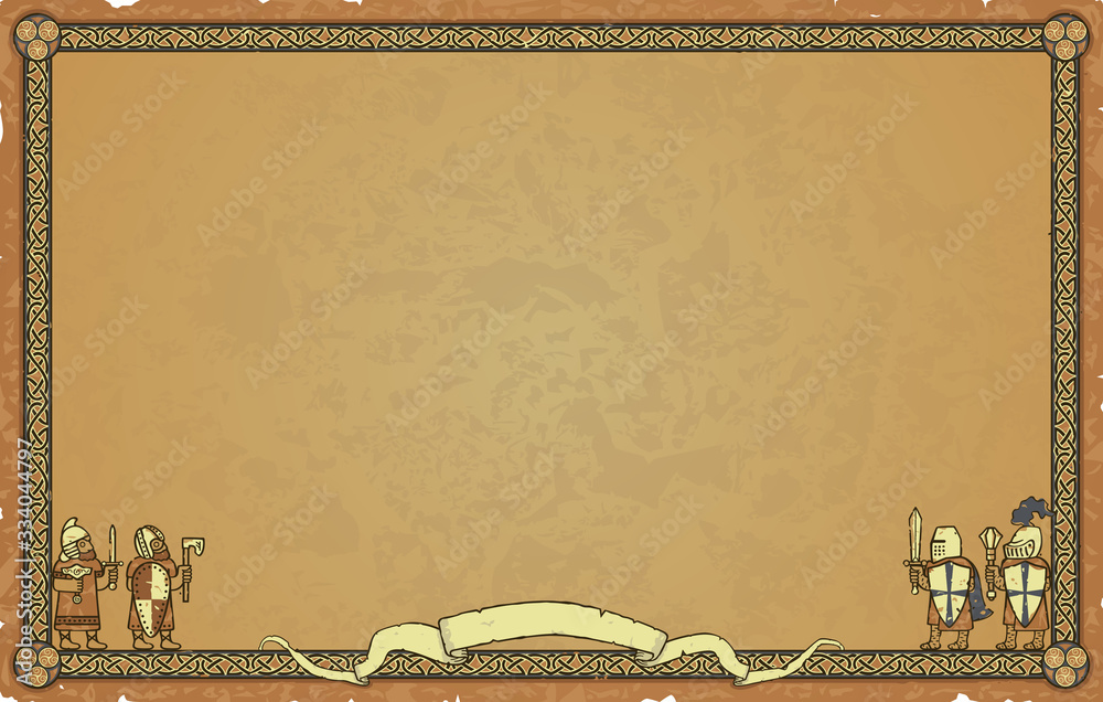Easily editable rectangular vector medieval map frame on a parchment paper. Includes knots, knights, vikings and a scroll banner. Can represent the Middle Ages, vikings, exploration, warfare, crusades