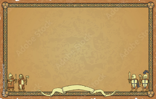 Easily editable rectangular vector medieval map frame on a parchment paper. Includes knots, knights, vikings and a scroll banner. Can represent the Middle Ages, vikings, exploration, warfare, crusades