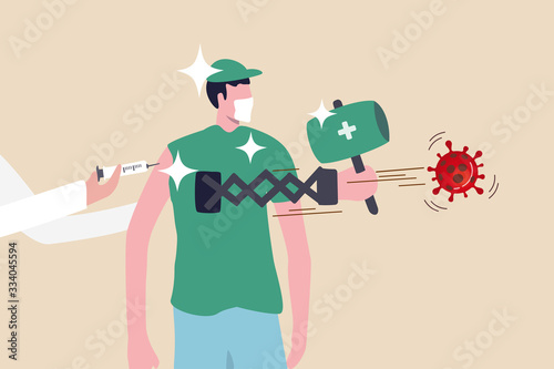 Coronavirus COVID-19 vaccine research and test or treatment concept, doctor holding syringe of COVID-19 vaccine planting on patient with magic hand holding hammer eliminating virus pathogen. 