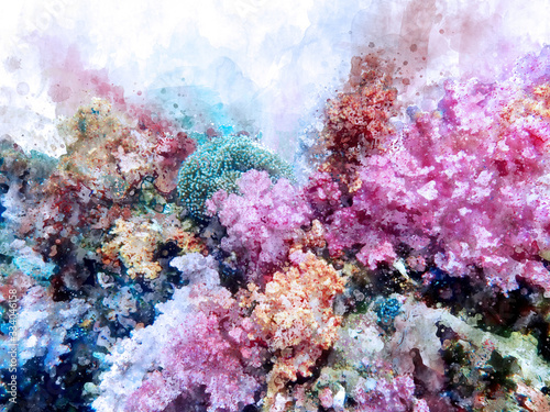 Fotótapéta Watercolor painting of colorful corals under the sea, digital illustration