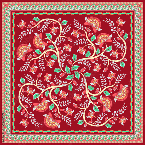 Square composition in a frame with a flowers branches on a dark red background. Indian style. Kalamkari. Logo, textile design, postcard, poster, scarf and shawl design.