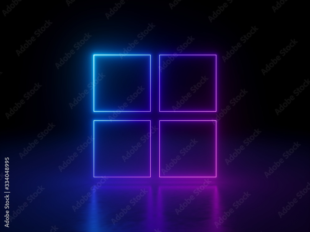 3d render. Abstract neon window symbol, isolated on black background. Blue pink glowing squares, blank frames.