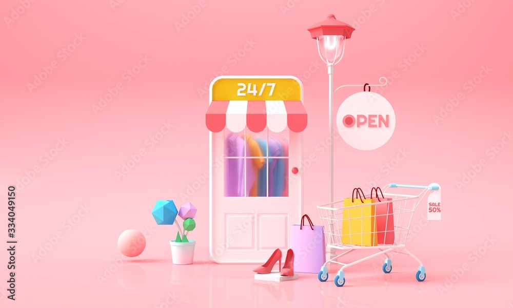 Online Shopping on smartphone. clothes behind mobile shop'door, cart and  clothe bags. online marketing background for advertising, banner, brochure  and web template. 3D rendering illustration. Stock Illustration | Adobe  Stock