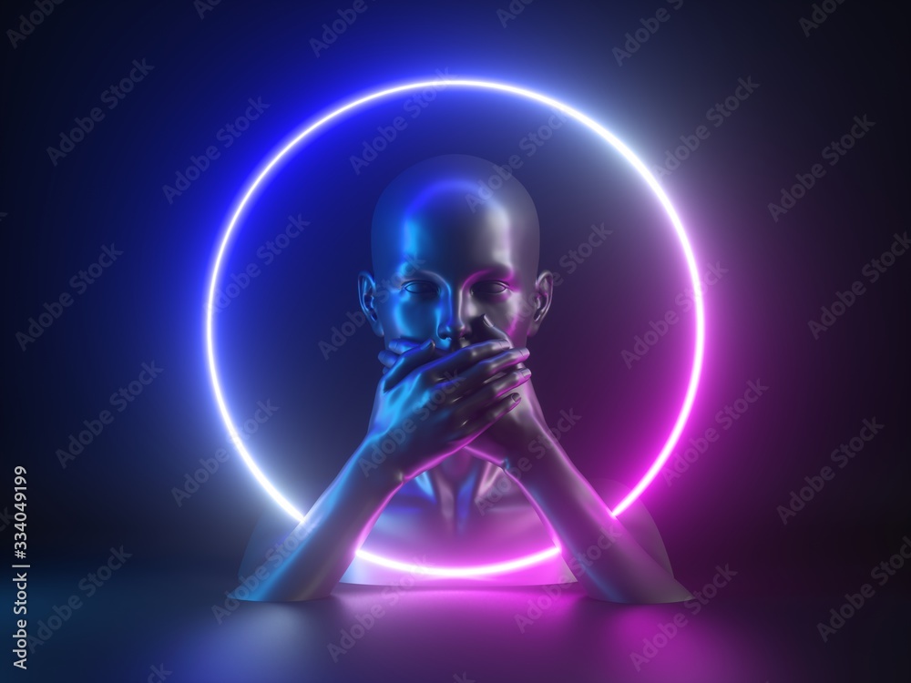 3d render, abstract neon light background with mannequin body parts. Female head, hands, closed mouth. Round frame. Social metaphor: voiceless, speechless, suppressing the truth, hiding the secret - obrazy, fototapety, plakaty 