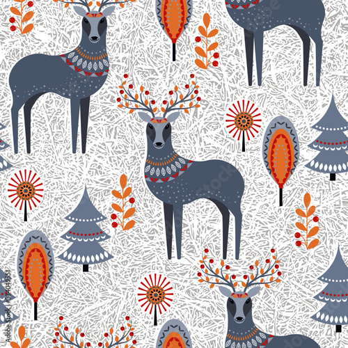 Grey reindeers with ornaments on a textured background. Seamless decorative pattern.