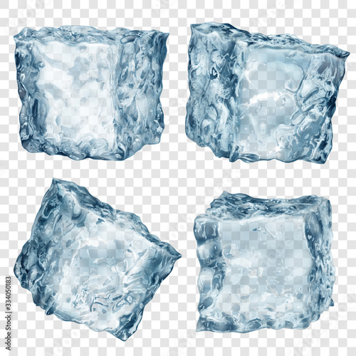 Set of four realistic translucent ice cubes in light blue color isolated on transparent background. Transparency only in vector format