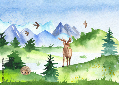 Watercolor spring landscape with mountains  meadows  firs  deer