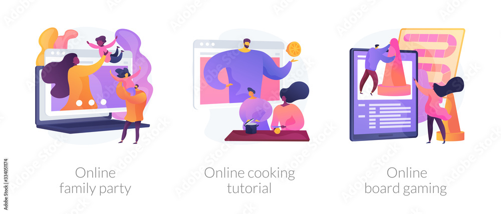 Relatives in self-isolation, quarantine spare time, covid pandemic icons set. Online family party, online cooking tutorial, online board game metaphors. Vector isolated concept metaphor illustrations Relatives in self-isolation, quarantine spare time, covid pandemic icons set. Online family party, online cooking tutorial, online board game metaphors. Vector isolated concept metaphor illustrations