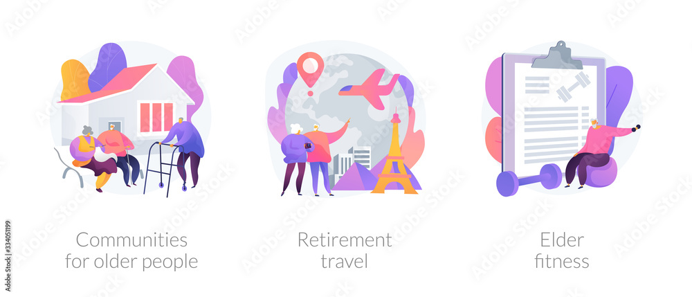 Senior people care metaphors. Communities for pensioners, retirement travel, elderly fitness. Old people support services. Nursery home. Vector isolated concept metaphor illustrations.