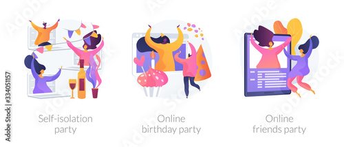 Spare time ideas for self-isolation in Covid-2019 quarantine icons set. Self-isolation party, online birthday party, online friends party metaphors. Vector isolated concept metaphor illustrations