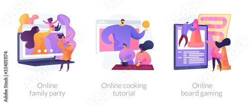 Relatives in self-isolation, quarantine spare time, covid pandemic icons set. Online family party, online cooking tutorial, online board game metaphors. Vector isolated concept metaphor illustrations