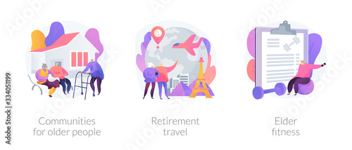 Senior people care metaphors. Communities for pensioners, retirement travel, elderly fitness. Old people support services. Nursery home. Vector isolated concept metaphor illustrations.