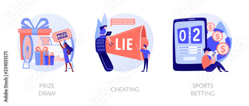 Lottery awards raffle, unfair victory and fraud, internet gambling problem icons set. Prize draw, cheating, sports betting metaphors. Vector isolated concept metaphor illustrations