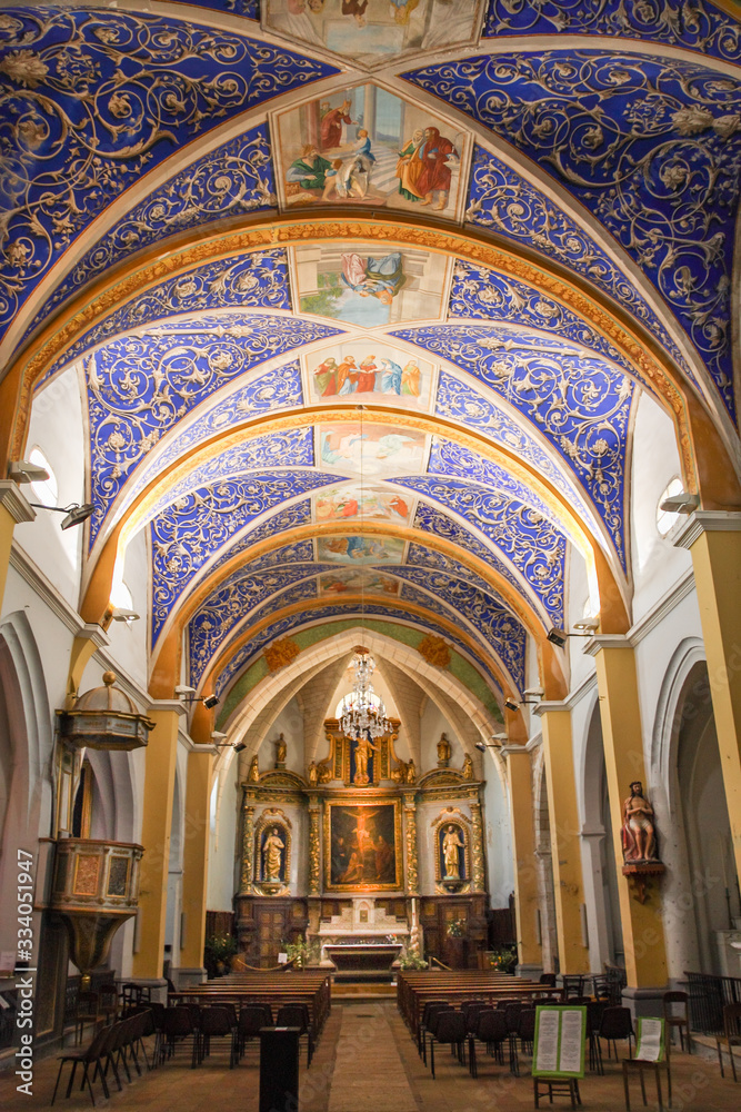 Restored classic medieval blue ultramarine ceiling in Notre Dame De L