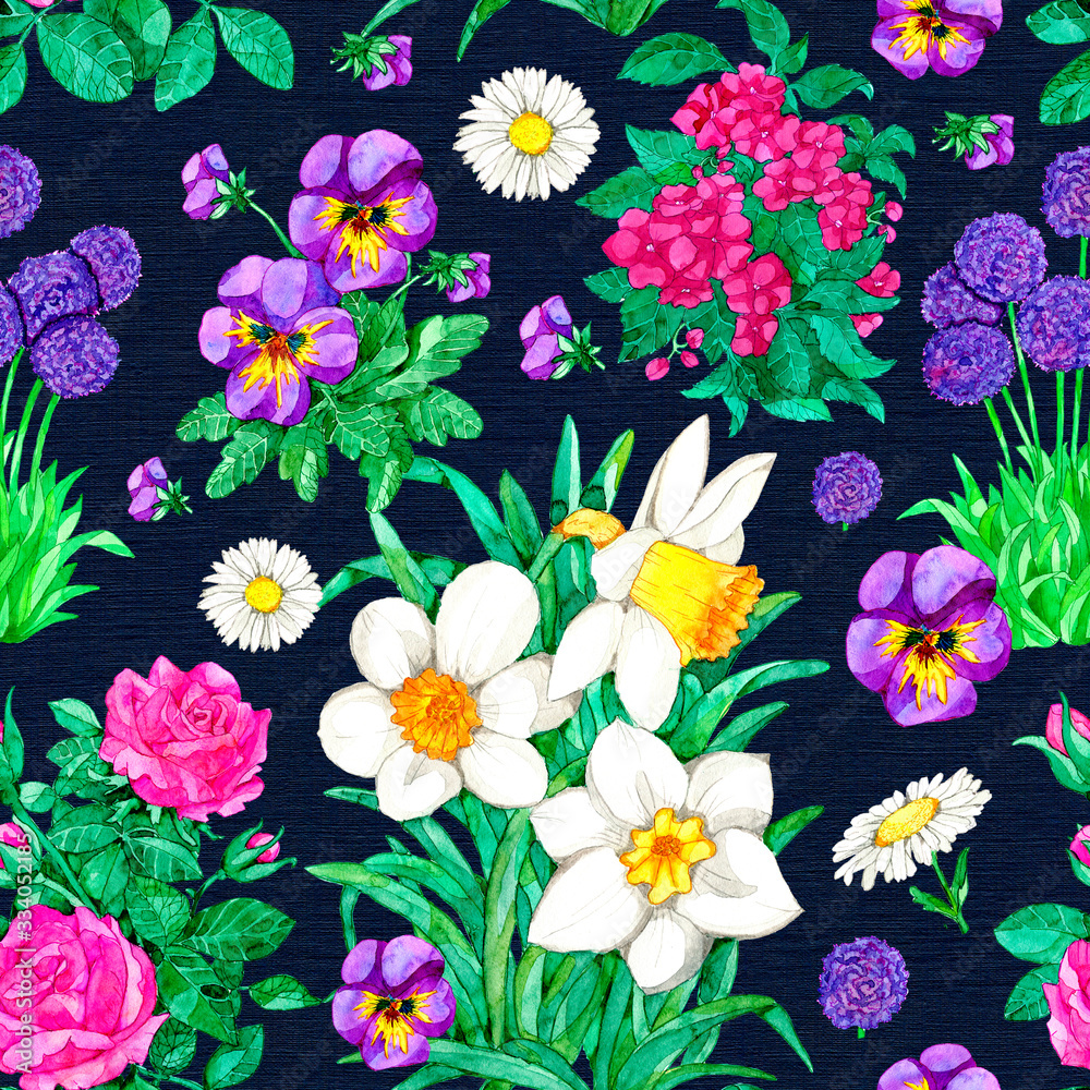 Seamless pattern with Narcissus, pansy, rose flower on blue background.