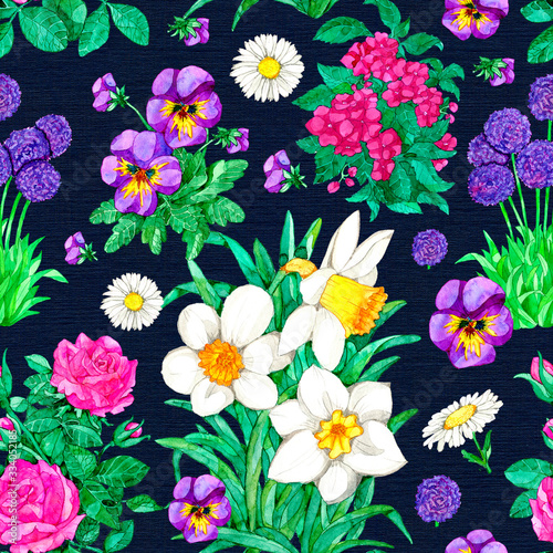 Fototapeta Naklejka Na Ścianę i Meble -  Seamless pattern with Narcissus, pansy, rose flower on blue background.