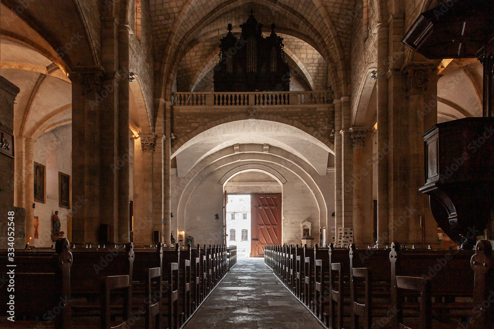 Interior view of Saint-Gilles du Gard Abbey Church looking towards entrance door