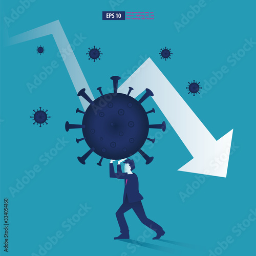 Economic downturn caused by a Coronavirus pandemic or COVID-19 concept. Businessman faces an economic crisis which is marked by arrow symbol. Vector illustration
