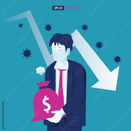 Economic downturn caused by a Coronavirus pandemic or COVID-19 concept. Businessman faces an economic crisis which is marked by arrow symbol. Vector illustration