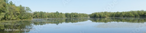 Panorama of thirty acre pond in D.W. Field Park in Brockkton, MA