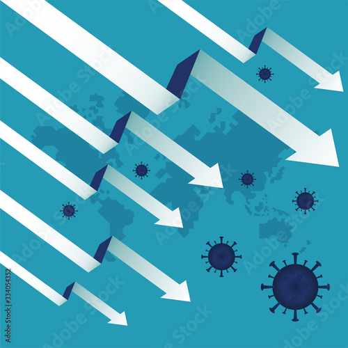 Economic downturn caused by a Coronavirus pandemic or COVID-19 concept. Businessman faces an economic crisis which is marked by arrow symbol. Vector illustration