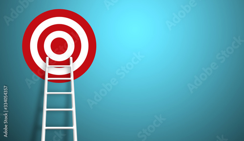 Stand out from the crowd and think different creative idea concepts. Longest white ladder and aiming high to goal target with copy space