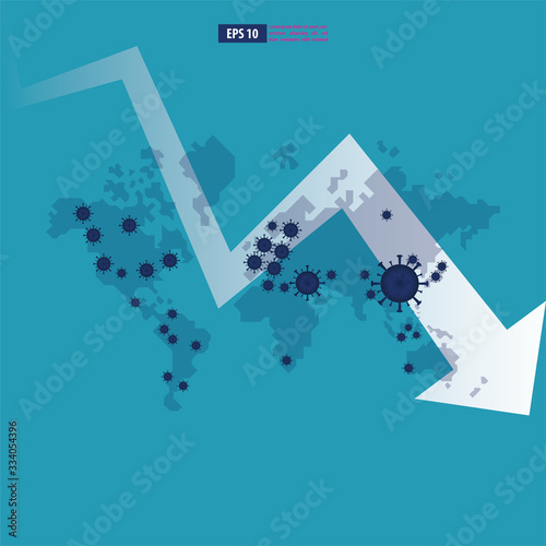 Economic downturn caused by a Coronavirus pandemic or COVID-19 concept. Businessman faces an economic crisis which is marked by arrow symbol. Vector illustration