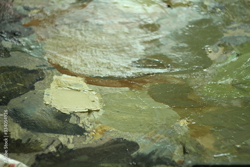 Brown and green oil painting brushstroke palette abstract creative art background copy space