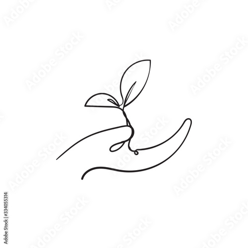 hand drawn seeds grow in the palm of the hand illustration with continuous line art style vector isolated