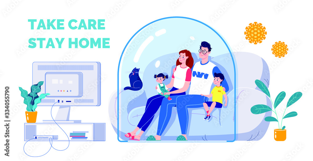 The concept of quarantine self-isolation. The family is sitting on the couch under a glass cap and watching TV. Virus protection. Vector. Flat cartoon style