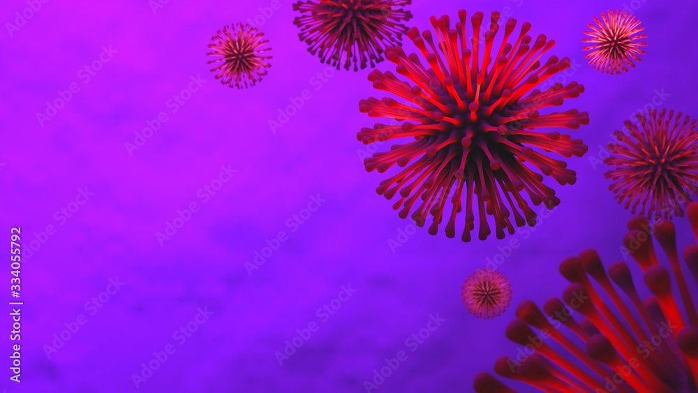 Fototapeta premium 3d render, Corona virus disease COVID-19 under the microscope medical illustration , Pandemic medical health risk concept with disease cell as a 3D render.