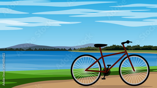 Vector illustration of a bicycle is parking near the lake on a bright day.