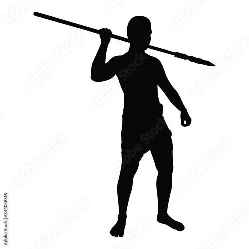 Forest man with weapon silhouette vector on white