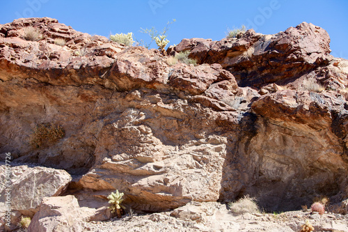 Giant red rocks and small cactus shrubs found in the Eldorado Canyon, Nevada, USA.