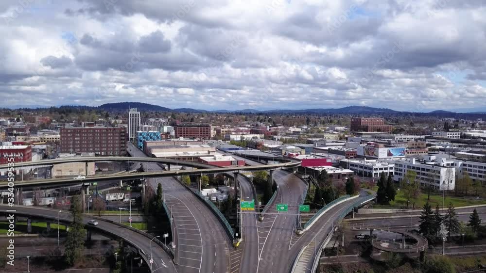 Aerial flying over empty streets in Portland Oregon during the coronavirus pandemic and after people were ordered to stay home and flatten the curve.