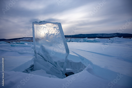 Scultural ice chunk in winter on Lake Baikal in Siberia photo