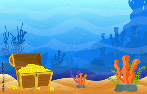 Pirate Gold Treasure Chest Marine Coral Reef Underwater Ocean Illustration © jongjawi