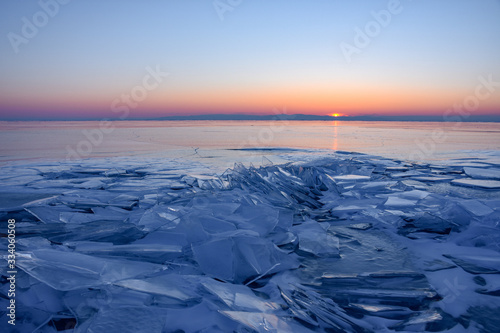 Ice chunks on Lake Baikal Siberia Russia in winter