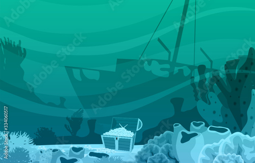 Ancient Sinking Ship Gold Treasure Marine Coral Underwater Ocean Illustration