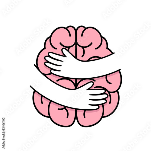Abstract human brain with hands. Embrace internal organs. Icon design. Health care concept. Illustration on white background.