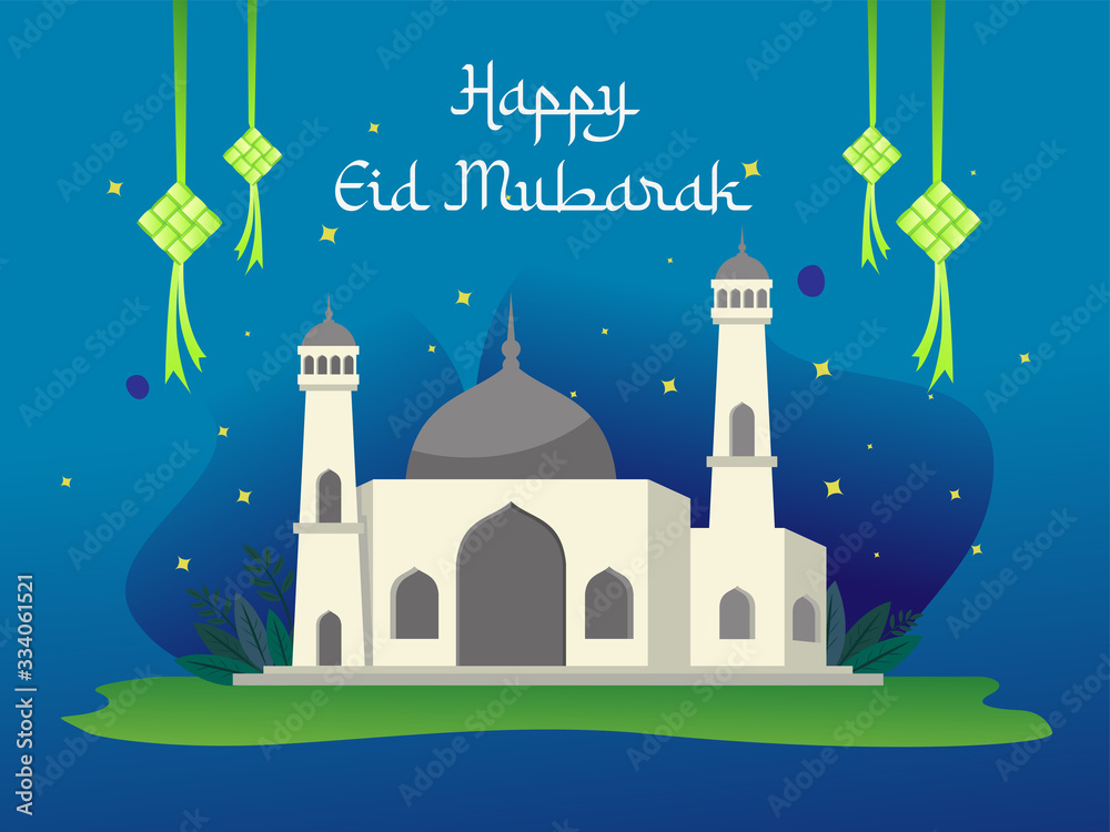 Happy Eid Mubarak Background Template Mosque Illustration Bluish Theme Happy Eid Mubarak Background Template Mosque Illustration Bluish Theme