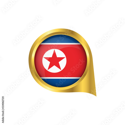 Flag of North Korea, location map pin, pointer flag North Korea, button gold, Icon country . Vector Illustration EPS10.