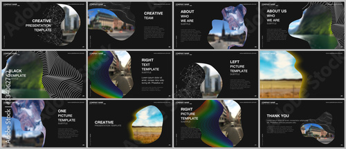 Presentation design vector templates, multipurpose template for presentation slide, flyer, brochure cover design, infographic report. Simple minimal design background with geometric curved shapes.