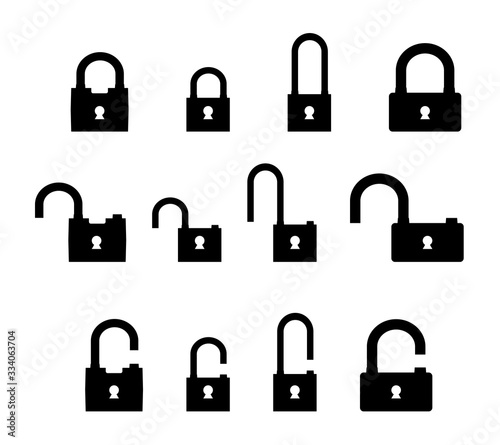 set of locks in open and closed position in black on a white background. Isolated vector