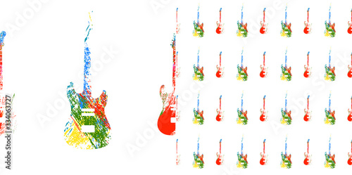 seamless pattern of acoustic musical rock guitars in bright colorful splash style. Design element on white background