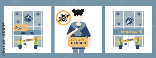 Vector set. Closing Travel Agency, air company and everyone to quarantine Coronavirus concept. Travel agency and  air company buildings with plate closed, coronavirus sign. Coronavirus concept