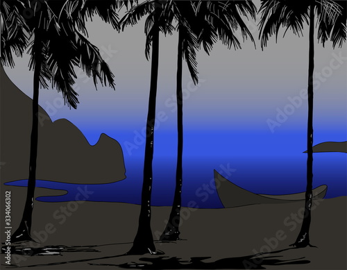 Sketch, ocean coast with palm trees, boat on the water. Suitable for cards, invitations, books, prints, wallpapers