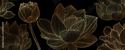 Golden lotus line arts on  dark background, Luxury gold wallpaper design for prints, banner, fabric, poster, cover, digital arts vector illustration.